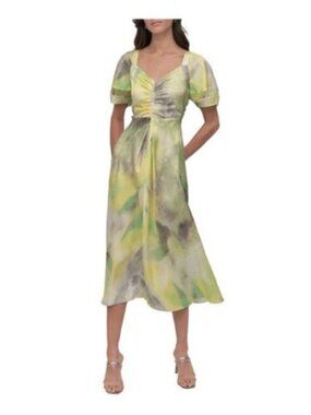 DKNY Donna Karan Satin V-Neck Short Sleeve Ruche  Midi Dress size XL new $129